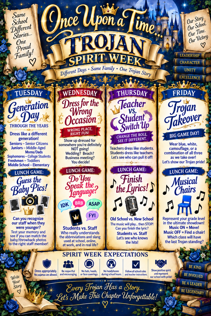 Poster for Trojan Spirit Week with days, activities, and themes for each day. Floral, castle, and ribbon designs.