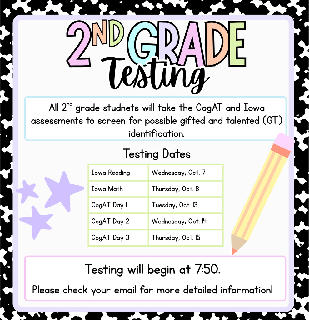 Document with black and white polka-dot border. Text reads "2nd Grade Testing" in colorful fonts. Table with dates and subjects for testing. Pencil on the right.