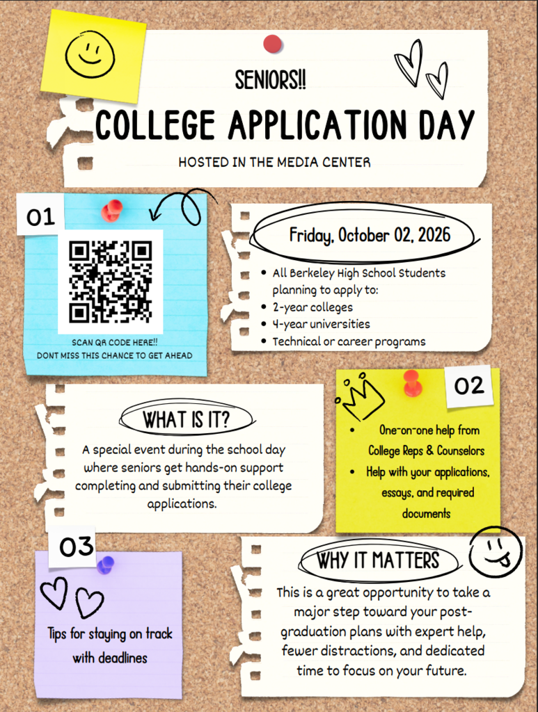 A bulletin board displays details about College Application Day, including date, help resources, and the importance of the event.