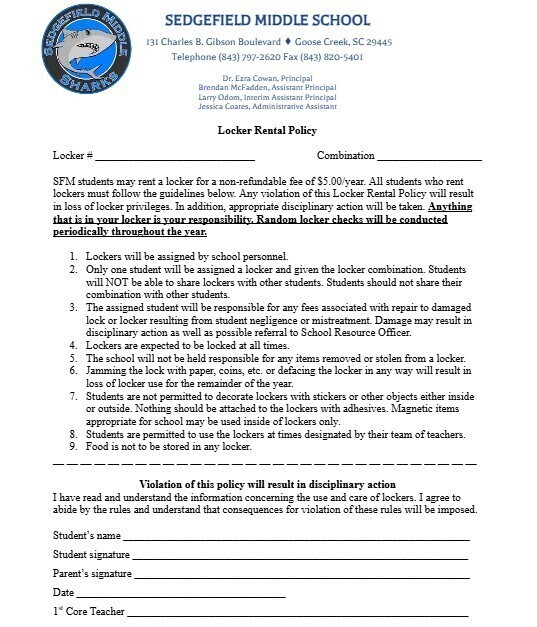 White page with a blue border, "Sedgefield Middle School" at top, "Locker Rental Policy" heading, followed by policy details in black text.