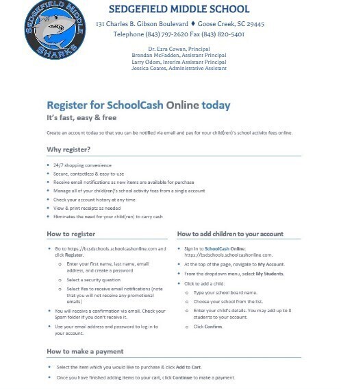 A page from Sedgefield Middle School explains how to register for SchoolCash Online, with instructions for creating an account, adding children, and making payments.