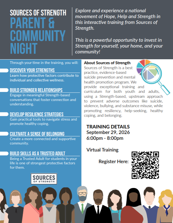 Blue-bordered flyer with "Sources of Strength Parent & Community Night" text. A QR code, a list of skills, and a registration link are on the bottom.