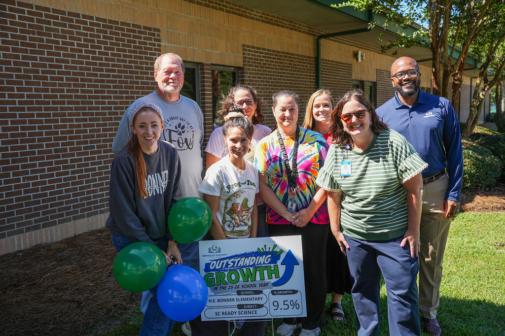 People stand in front of a brick building with a sign reading "Outstanding Growth 9.5%". Balloons are held by some individuals.