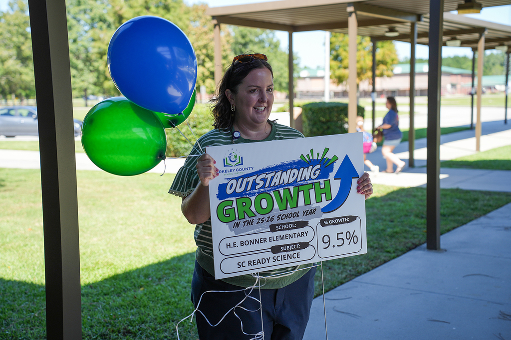 Person holding a sign that says "Outstanding Growth" with 9.5% and green and blue balloons.