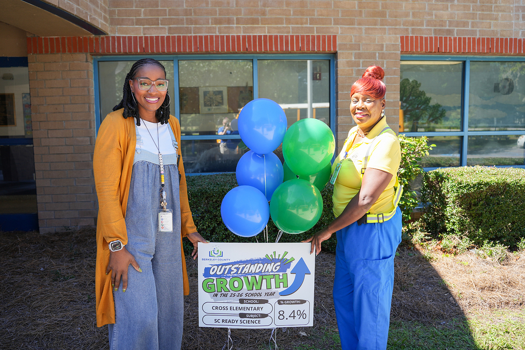 Two women hold a sign with "OUTSTANDING GROWTH" and balloons outside a building.