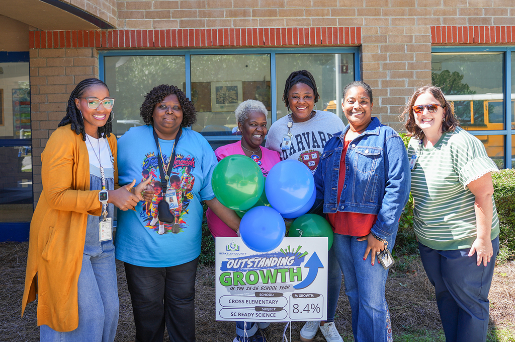Six people stand outside a building with balloons. One holds a sign that says "Outstanding Growth" with a percentage.