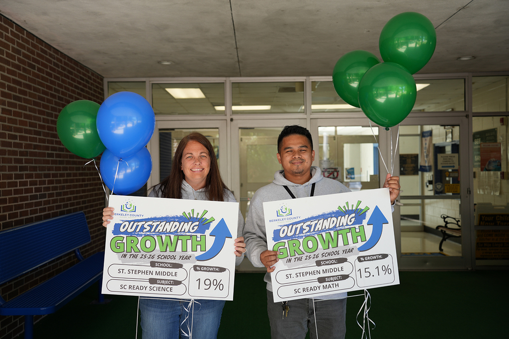 Two people stand with signs that say "Outstanding Growth" and hold balloons. A brick wall and a glass door are in the background.