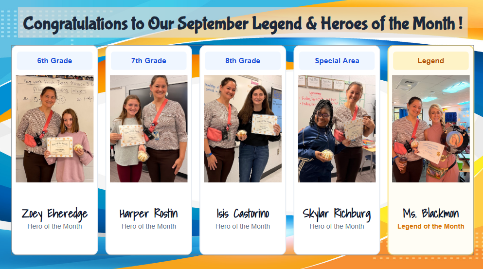 September heroes of the month seventh grade, eighth grade sixth grade and special area. Ms. Blackmon was the legend of the month, teacher for September. 
