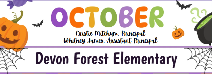 A banner with orange, purple, and green text reads "October" at the top. Below it are names of people and a school.
