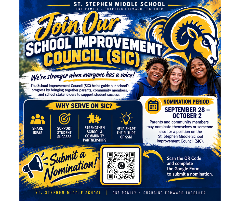 A colorful flyer invites participants to join the School Improvement Council, with QR code, dates, and icons for ideas, support, and success.