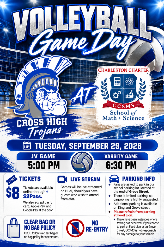 A sports event poster for volleyball games. It features dates, times, ticket prices, and parking info. The teams are Cross High Trojans.