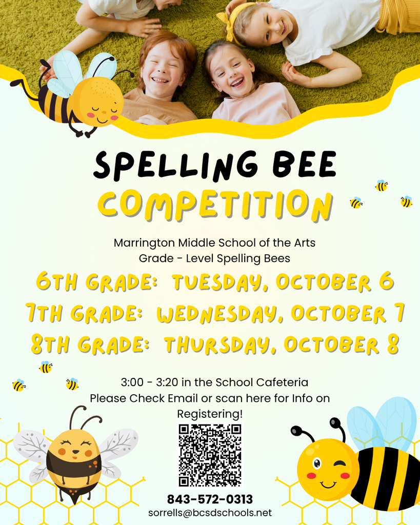 Poster for Spelling Bee Competition at Marringtion Middle School of the Arts. Four children lie on a carpet, smiling. Dates, times, and QR code are displayed.