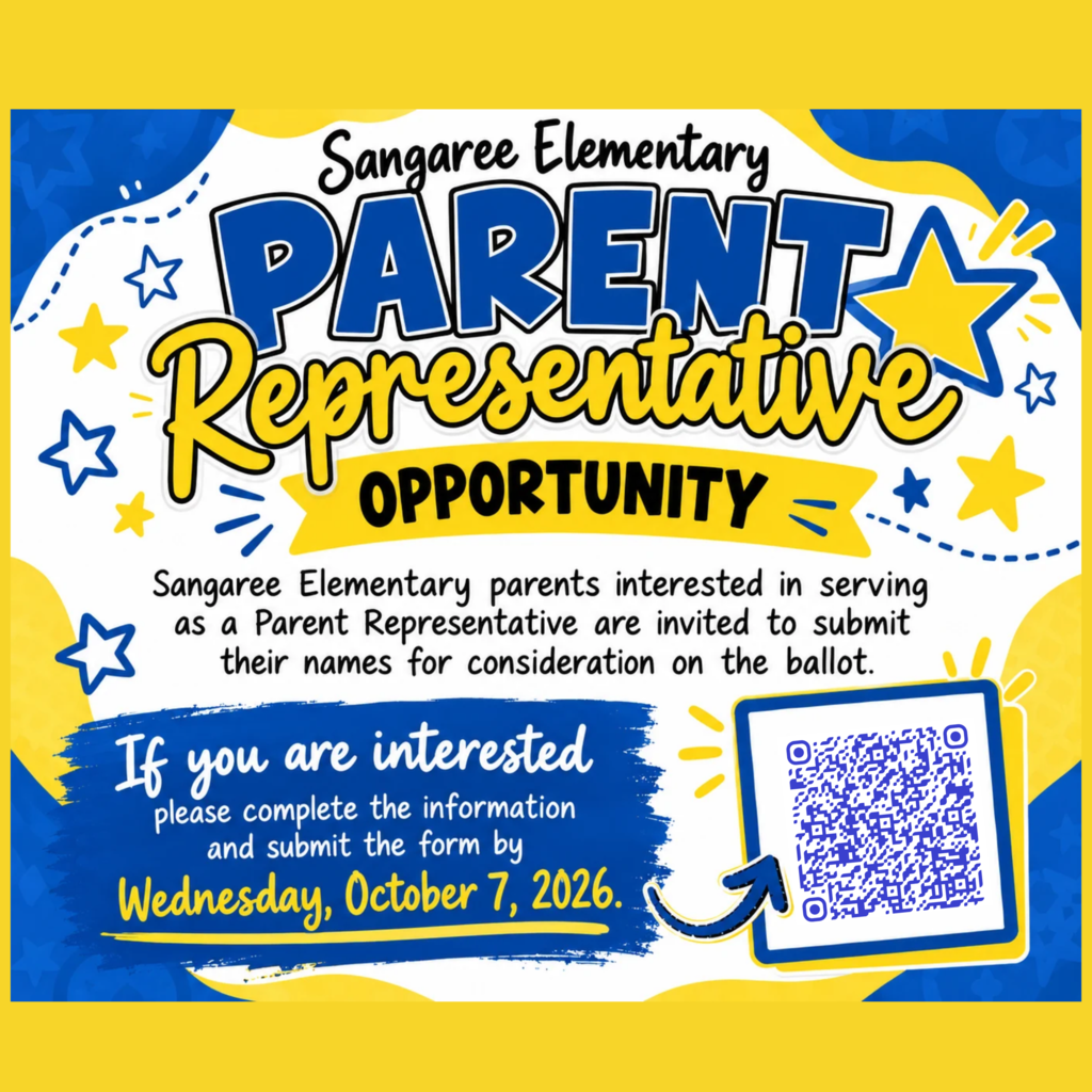 Blue and yellow poster with text: "Sangaree Elementary Parent Representative Opportunity." QR code below.