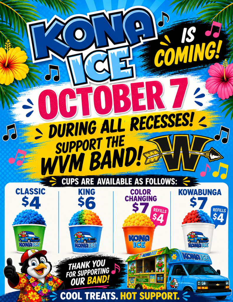 An advertisement for Kona Ice, a food truck, on October 7. Four ice cream cups are available at varying prices.