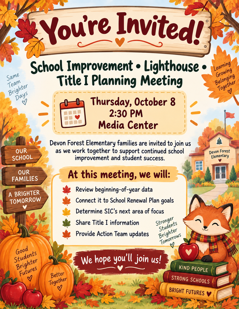 Autumn leaves, pumpkins, and a fox on books. "You're Invited! School Improvement Planning Meeting" text and details.