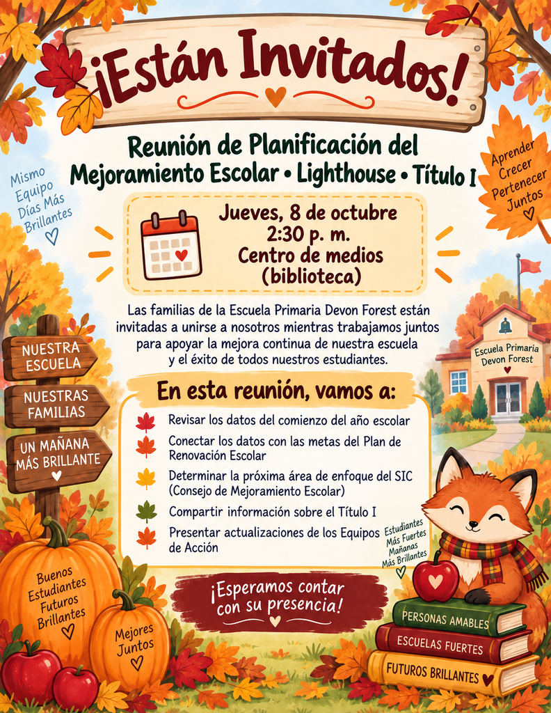 Flyer with autumn elements, a fox, pumpkins, and books. Text reads, "Reunion de Planificación." Date: October 8. Time: 2:30 p.m. Location: Lighthouse Elementary School.