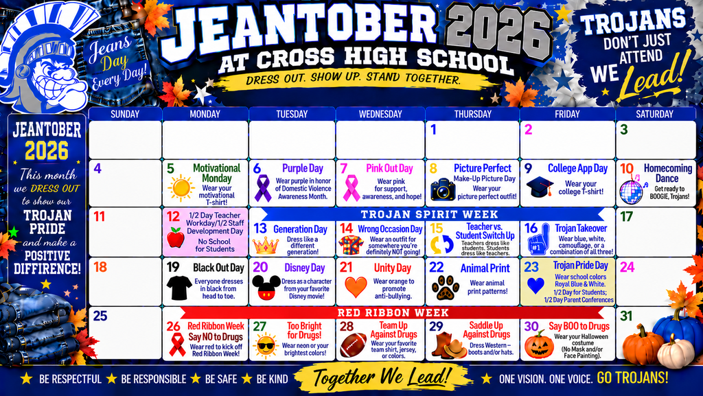 Calendar displaying "Jeantober 2026" in bold at top, with weekly dates, icons, and phrases. Background is blue.