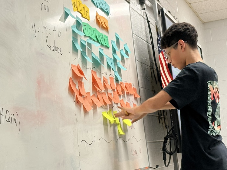 student posting sticky notes with equations