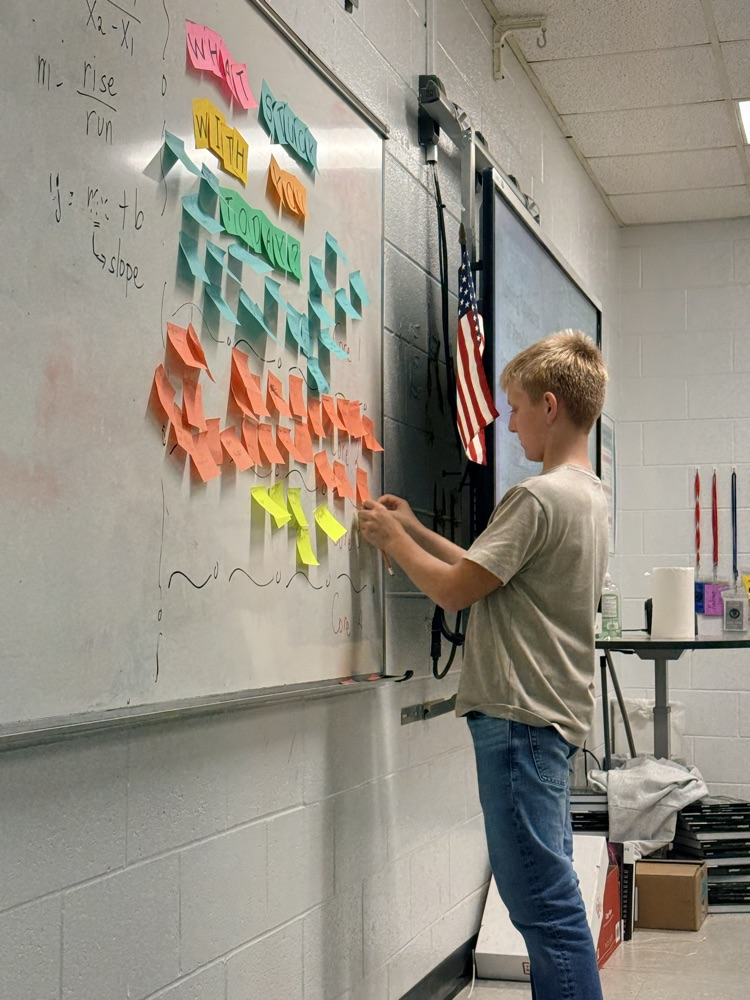 student posting sticky notes with equations