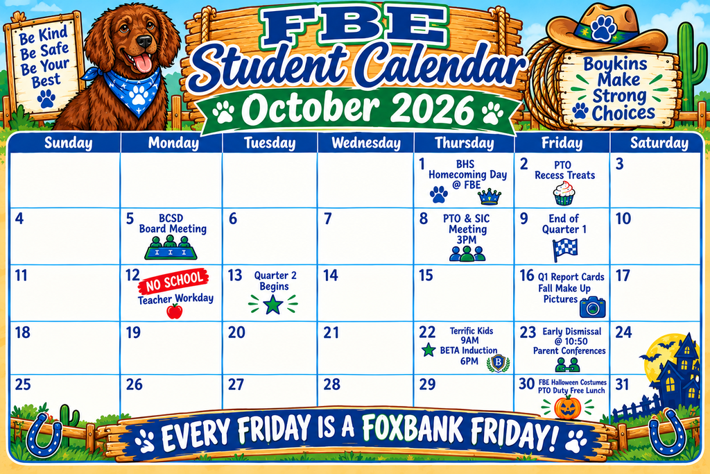 Calendar for October 2026 with events, including a board meeting, PTO meetings, and no school. Dog and cowboy hat design.