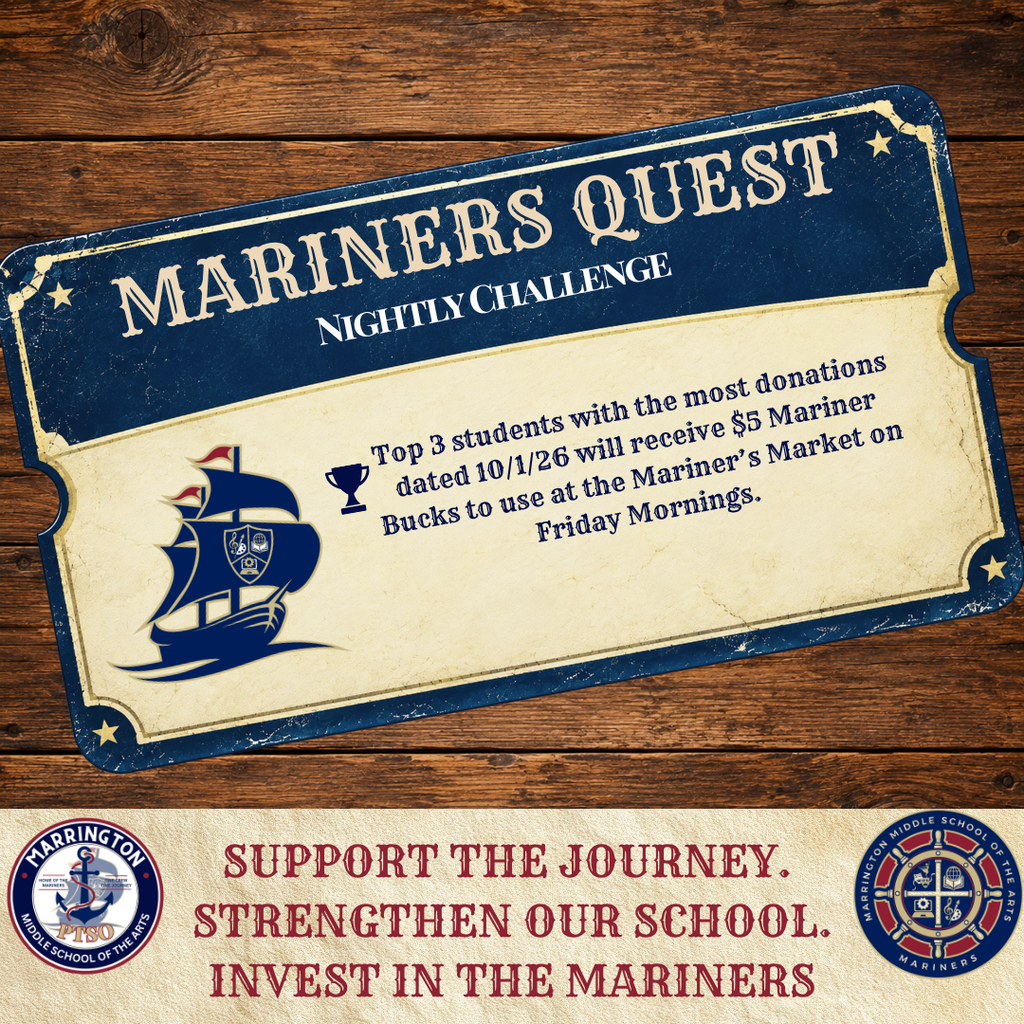 A promotional flyer for Mariners Quest Nightly Challenge. It highlights the top three donors with $5 Mariner Bucks.