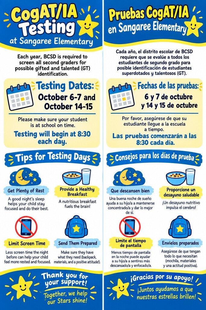 A flyer has two columns. The left column is in English. The right column is in Spanish. It contains information about CogAT/IA testing dates, October 6-7 and 14-15, and tips for testing days.