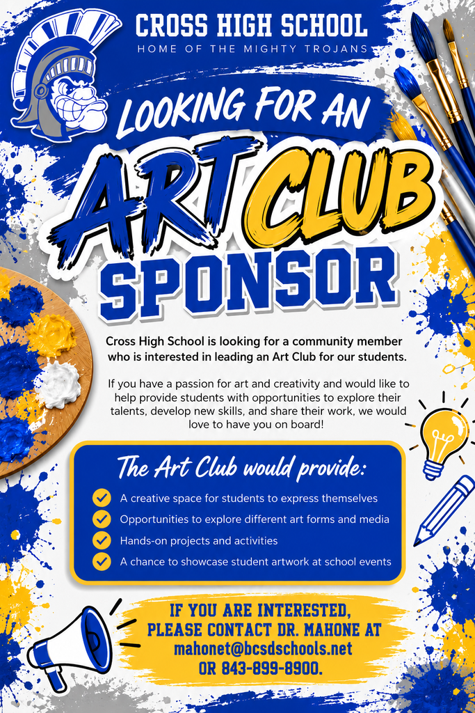 A poster with a blue and yellow background advertises Cross High School's Art Club seeking a sponsor. It includes text and images of brushes and a paint palette.