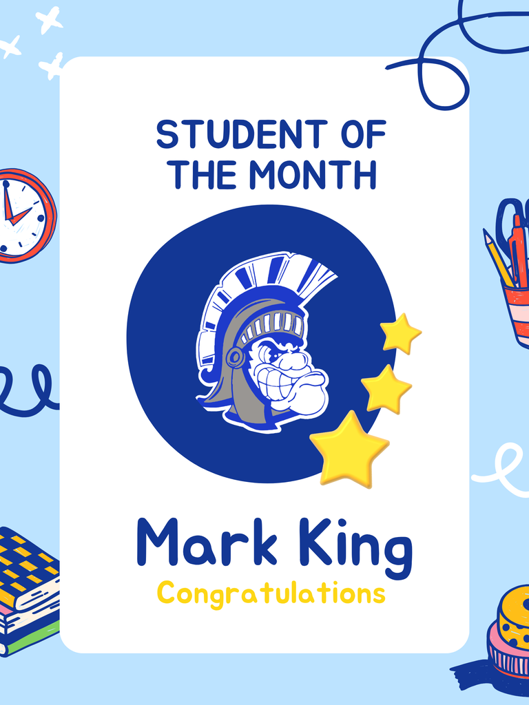 A certificate design with a blue background, featuring "Student of the Month" text, a mascot logo, three yellow stars, and the name Mark King.