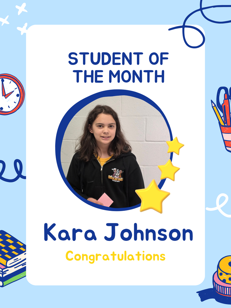 A student's portrait on a blue background, reading "Student of the Month" and "Kara Johnson" with stars and school items around.