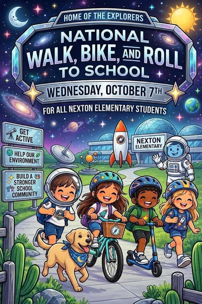 Poster with children walking, biking, and scooting. Theme reads "National Walk, Bike, and Roll to School".