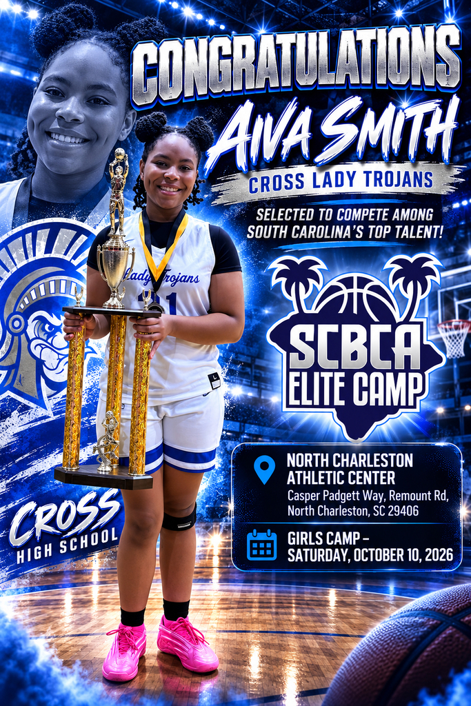A sports player holds a trophy while wearing basketball gear. A banner reads "Congratulations Ava Smith" and "SCBCA Elite Camp".