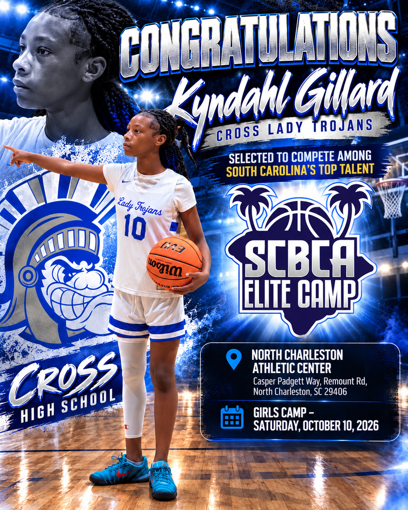 An announcement poster featuring Kyndahl Gillard, a basketball player, with details about SCBCA Elite Camp.