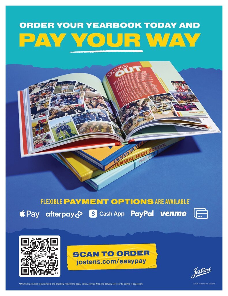 Advertisement with blue background showcasing a stack of open yearbooks with photos. Text reads: "ORDER YOUR YEARBOOK TODAY AND PAY YOUR WAY" with icons for payment options.