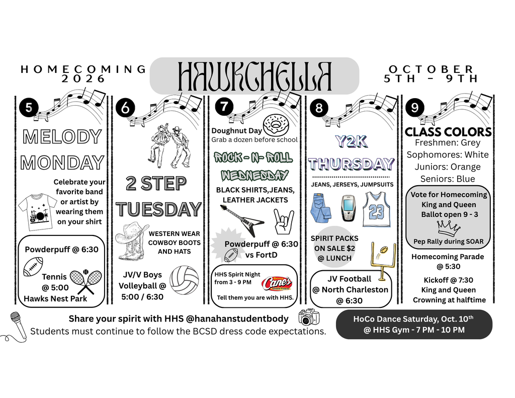 A schedule poster for Homecoming 2026, highlighting daily themes and colors for students to follow. It includes activities and dress codes.
