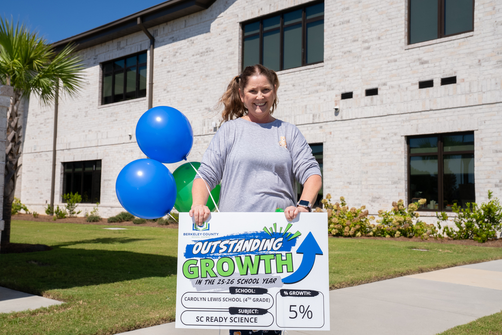 A woman stands in front of a building, holding a sign that says "OUTSTANDING GROWTH" and a 5% rating.