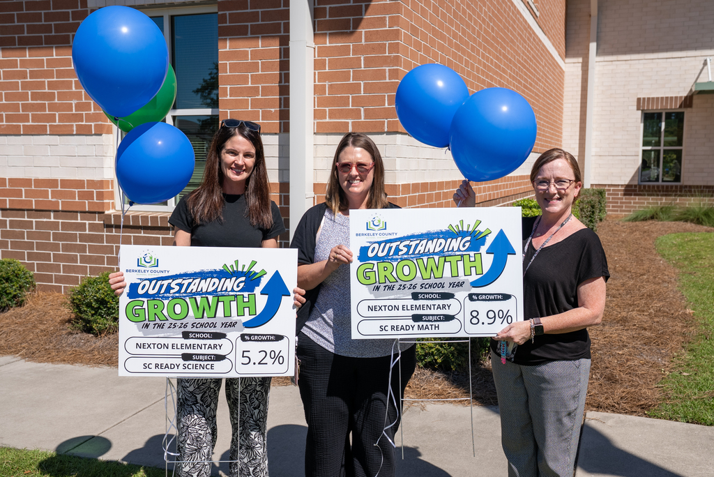 Four women holding signs with 'OUTSTANDING GROWTH' text, standing outside a brick building.
