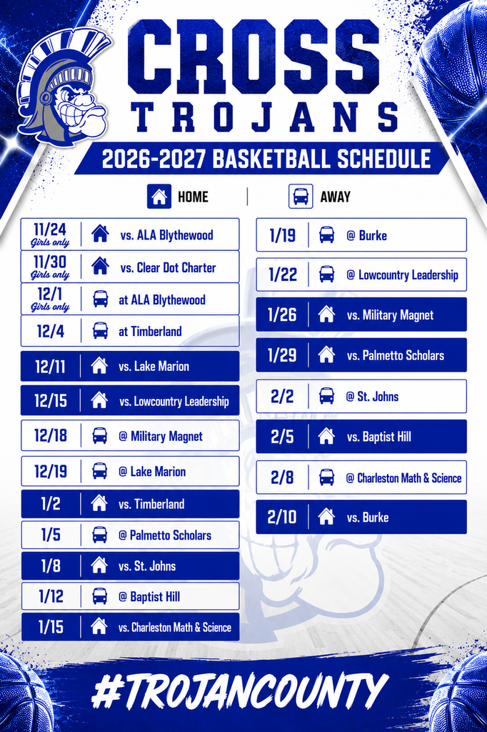 Blue and white poster with "Cross Trojans 2026-2027 Basketball Schedule" in bold letters. Dates and locations listed for home and away games.