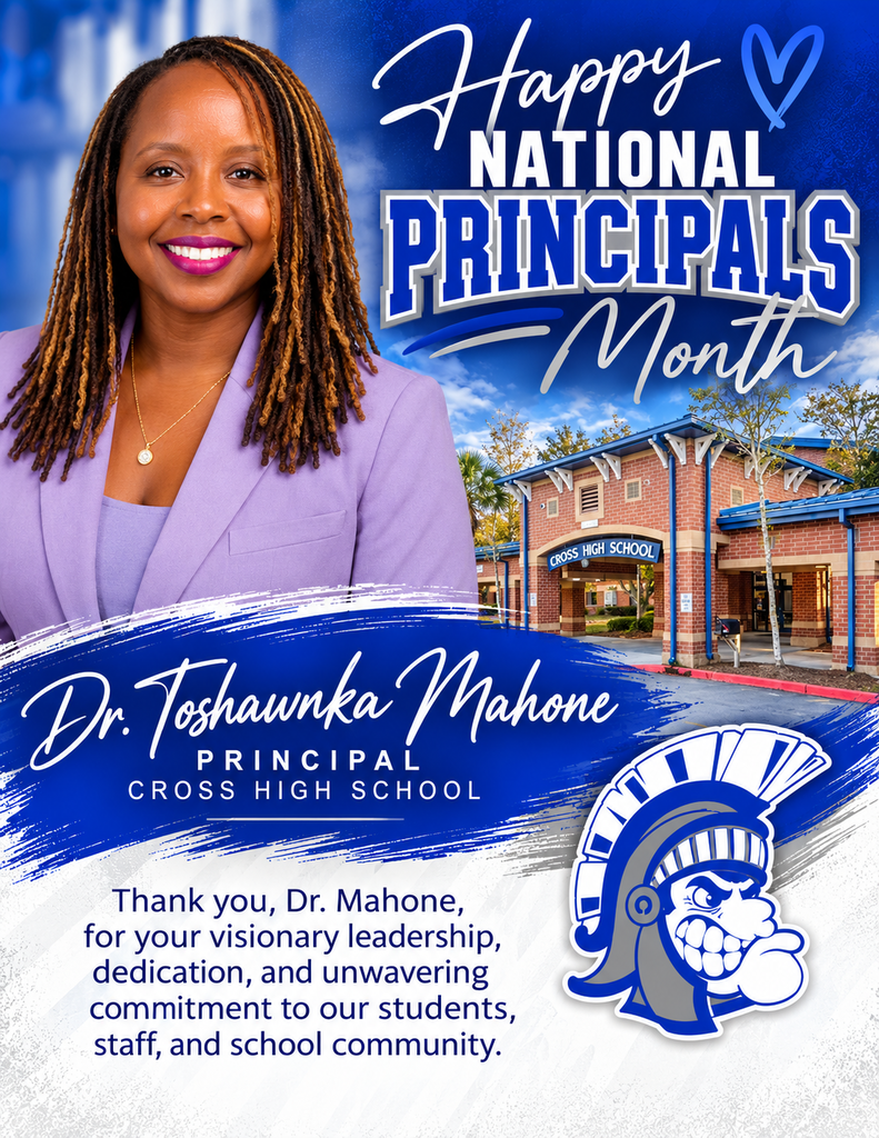 An image honoring Dr. Toshawnka Mahone, principal of Cross High School, during National Principals Month. She is smiling, wearing a purple blazer, with a school building in the background.