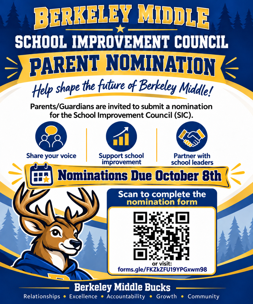 An invitation for parents/guardians to nominate for the Berkeley Middle School Improvement Council. QR code and website link included.