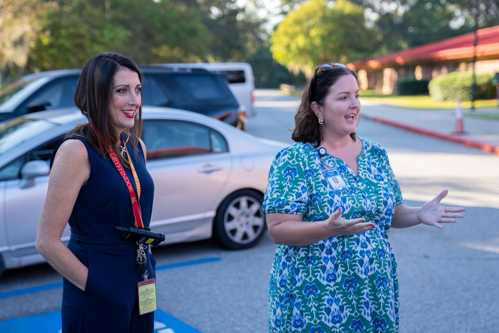 Two women are conversing outside; one wears a blue dress, and the other a green floral dress. A silver car is parked behind them.