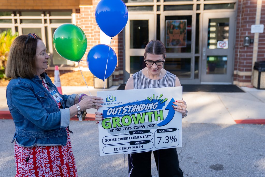 Two women hold a sign that reads "Outstanding Growth" outside a school building. The sign has a percentage and other text.