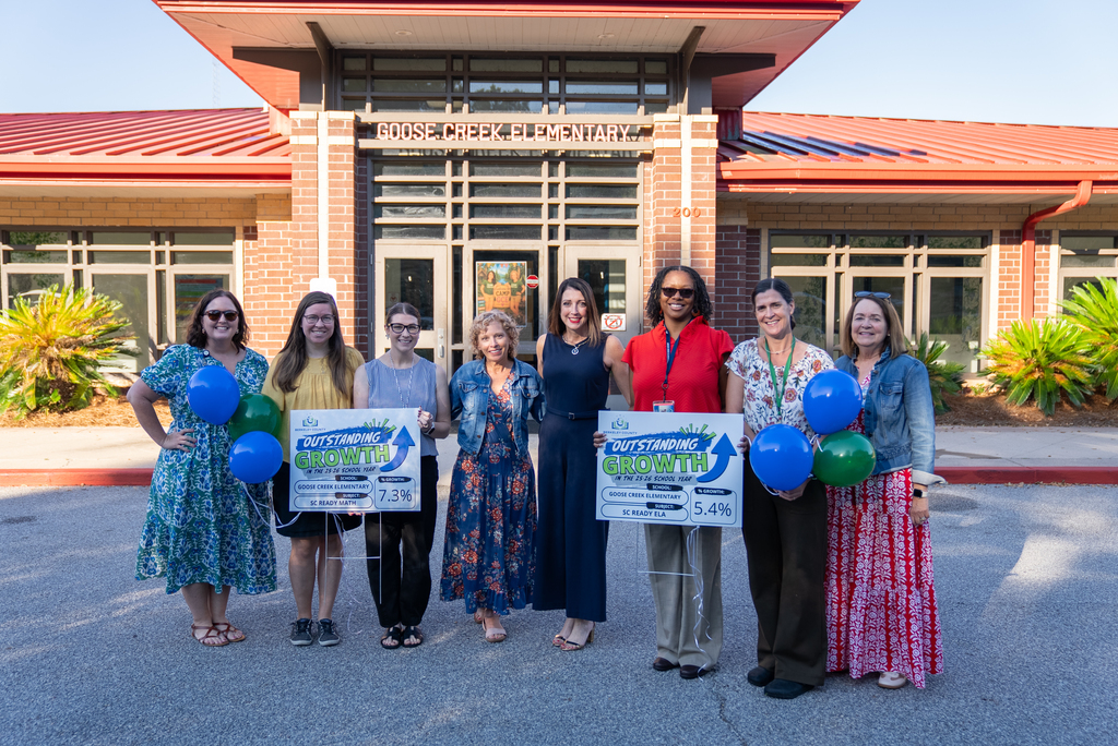 Seven women stand in front of a building holding signs. One holds green balloons. The group wears dresses and sandals.