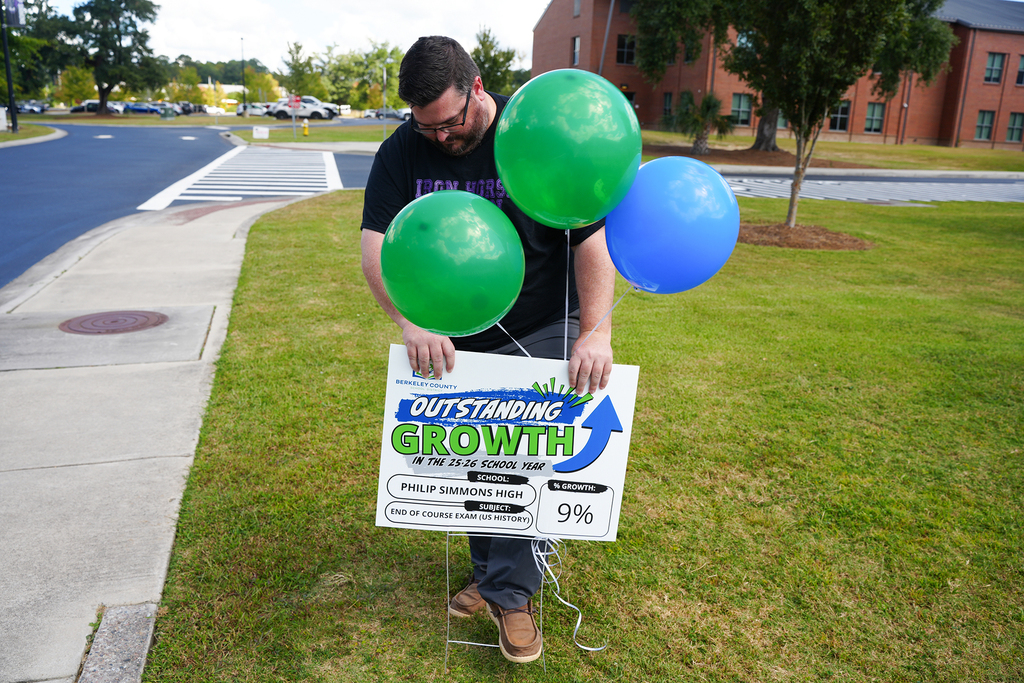 A person holding a board with a green arrow pointing upward, standing on grass. Three balloons.