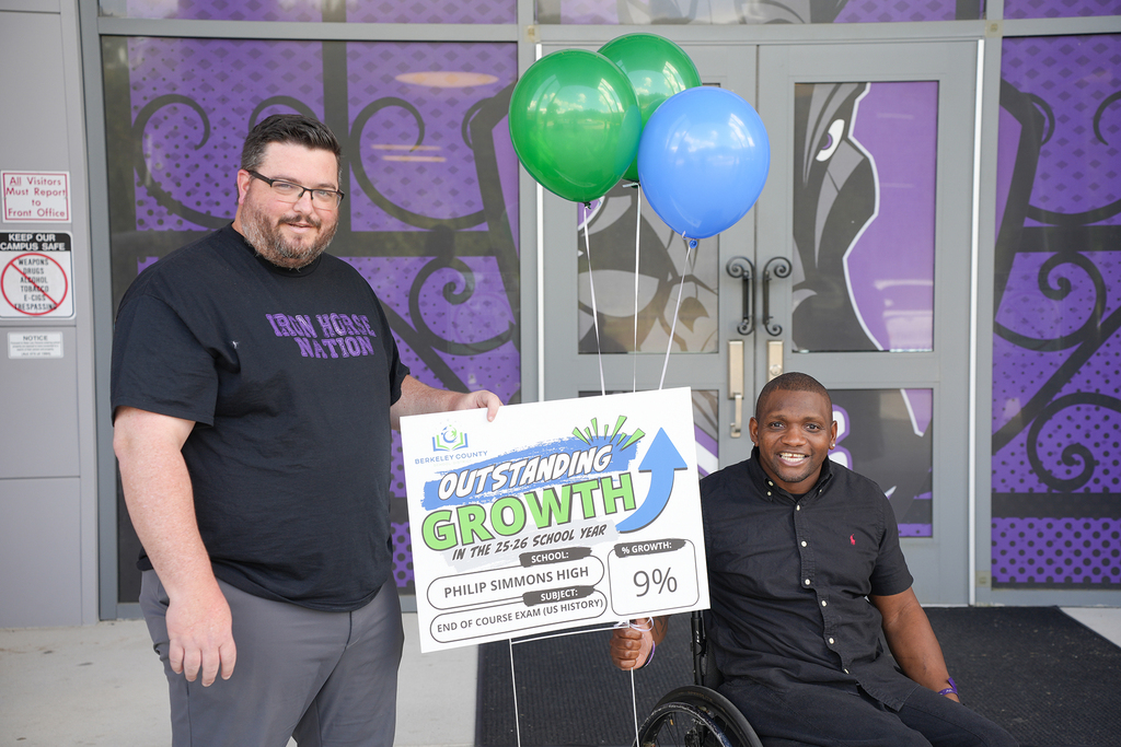 Two men stand, one holding a sign and balloons, another in a wheelchair. Purple and black designs on the wall.