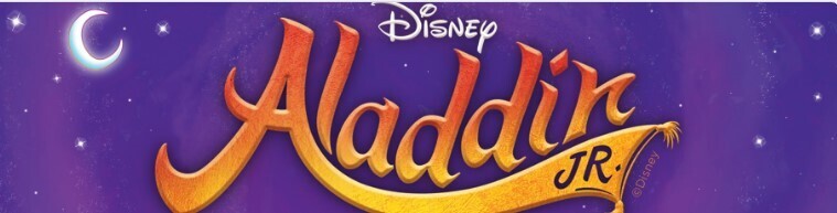 Purple background with stars and moon. "Disney Aladdin Jr." logo in golden font with a crescent moon.
