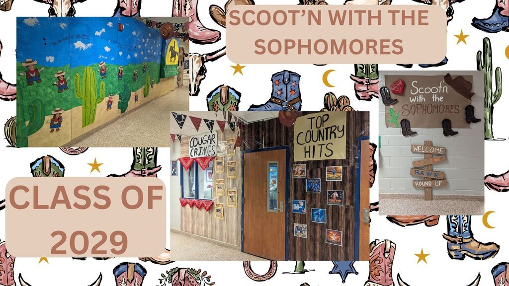 Collage of classroom decorations including boots, a moon, and a sign reading "Scoot'n with the Sophomores" and "Class of 2029."