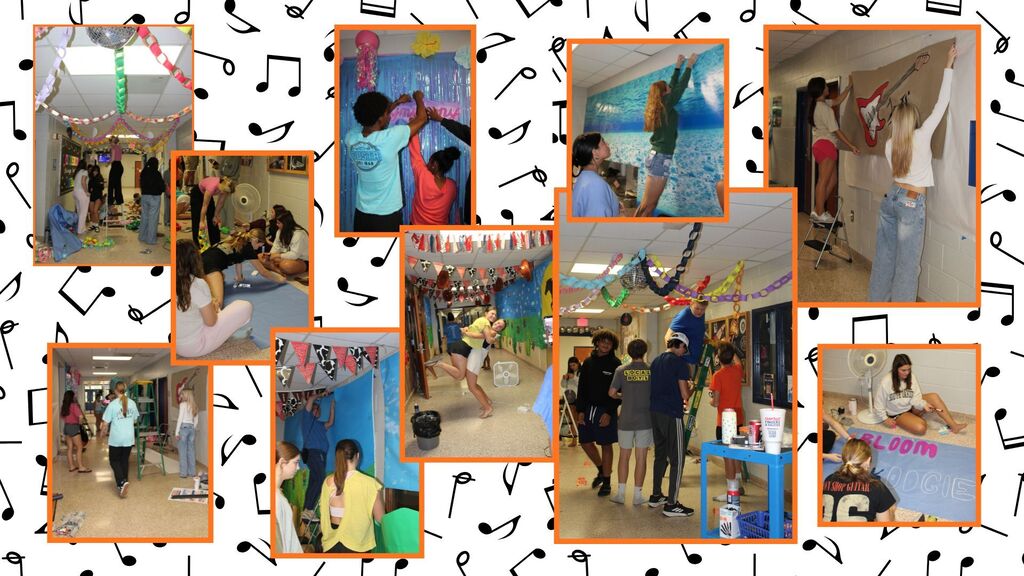 A collage of images shows various people in a decorated room with musical notes. Activities include painting, dancing, and setting up displays.