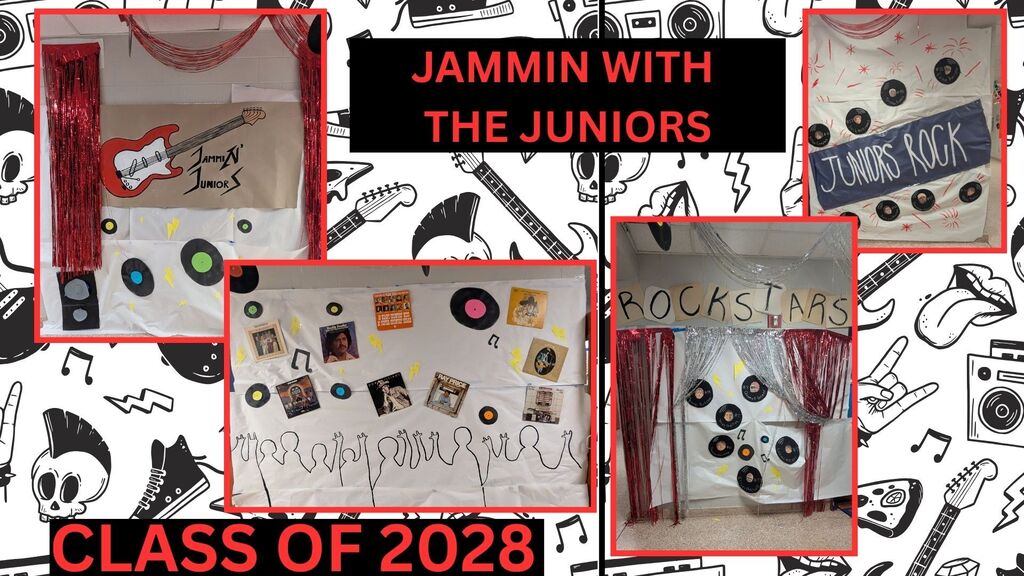 Display of collages with "Jammin' with the Juniors" and "Class of 2028" themes, featuring musical elements like guitars and speakers.