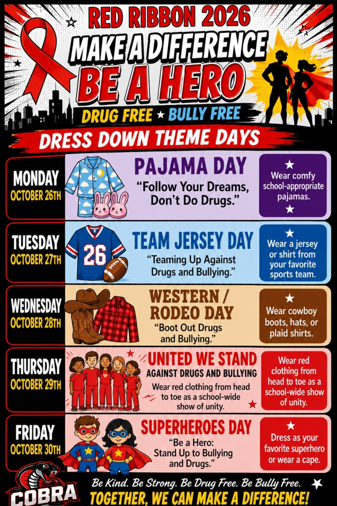 A poster with a red ribbon has a schedule for "Red Ribbon 2026 Make a Difference Be a Hero" with themed dress days.