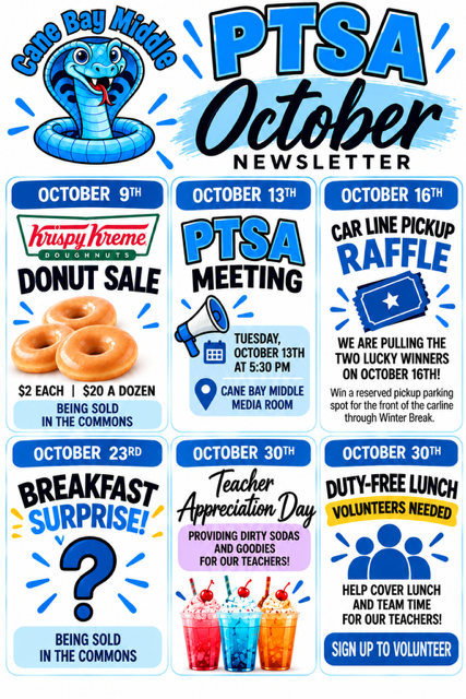 A poster lists events, including a donut sale on October 9, a PTA meeting on October 13, a car line raffle on October 16, a breakfast surprise on October 23, and a Teacher Appreciation Day on October 30.